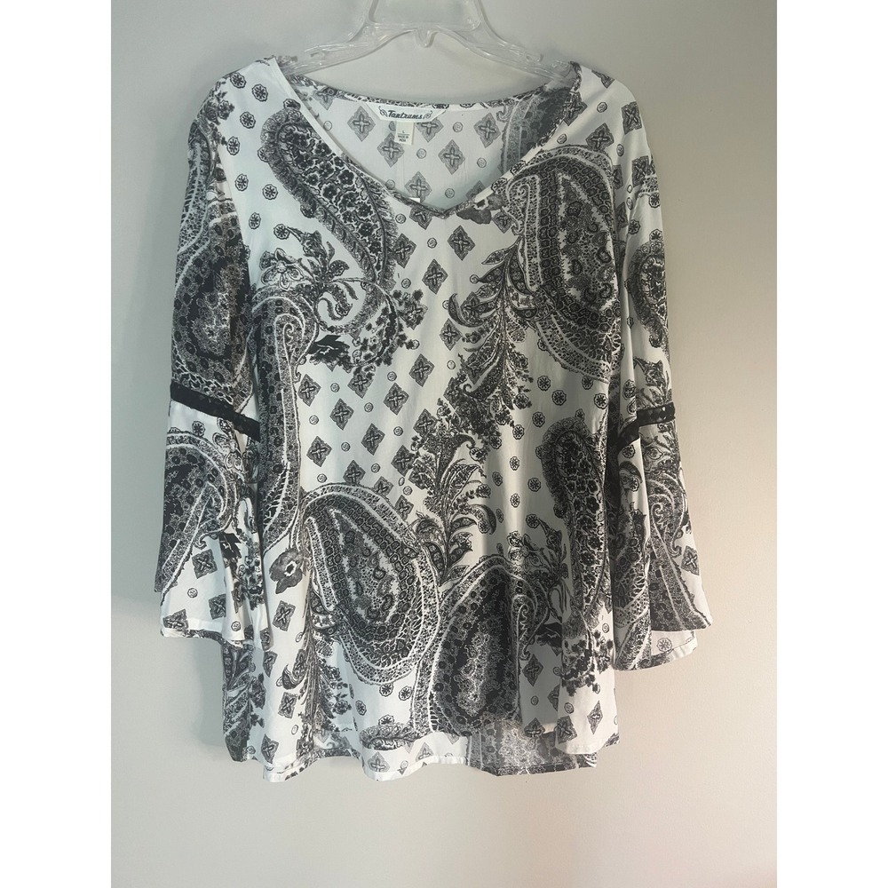 Tantrums White Black Paisley V-Neck Bell Sleeve Lace Trim Blouse Top Large NWT